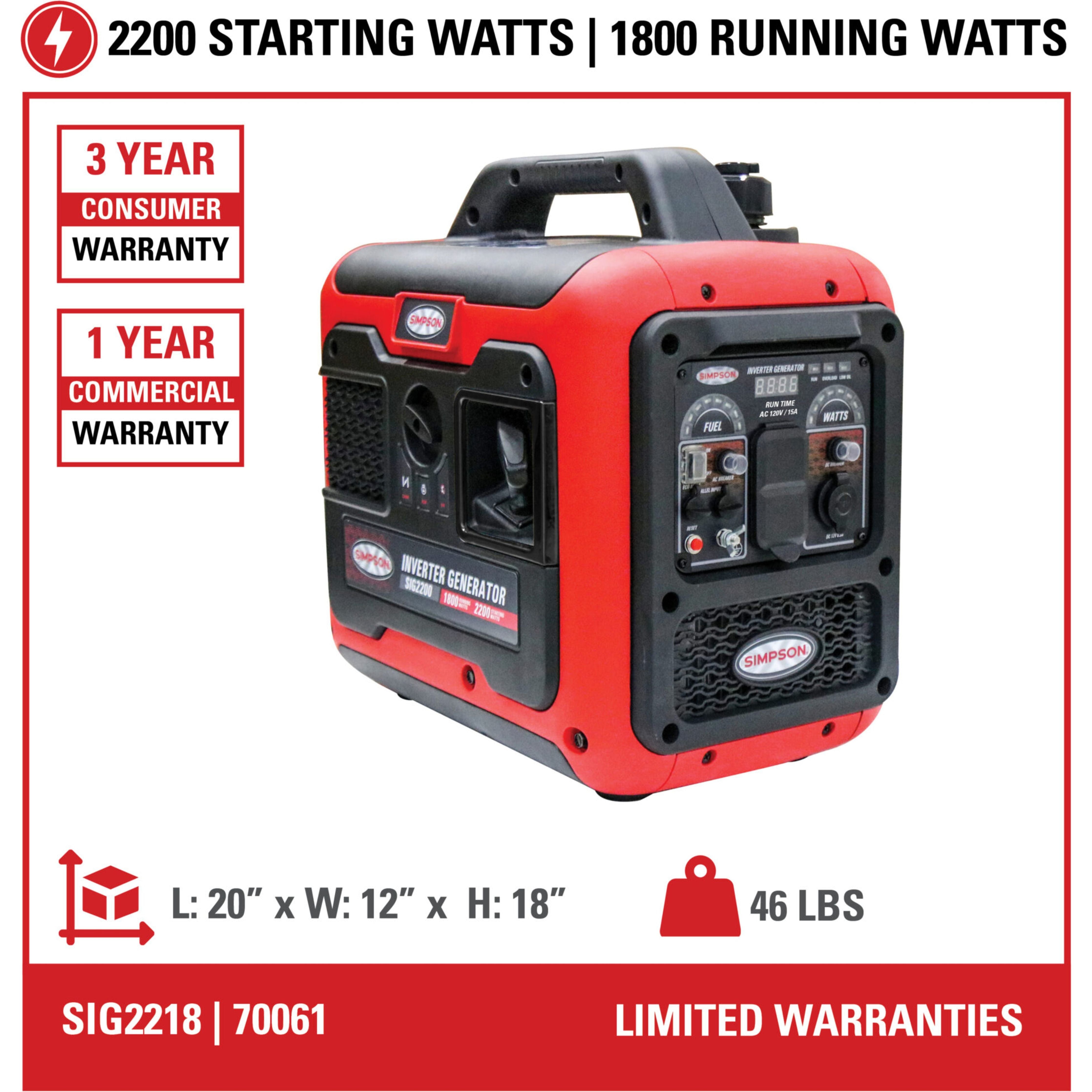 Introducing the Simpson PowerShot inverter generator, showcasing a stylish red and black design equipped with multiple control knobs and digital displays. It features 2200 Starting Watts and 1800 Running Watts powered by a CRX80 engine. Benefit from peace of mind with its 3-Year Consumer Warranty and 1-Year Commercial Warranty, all within compact dimensions of 20"x12"x18".