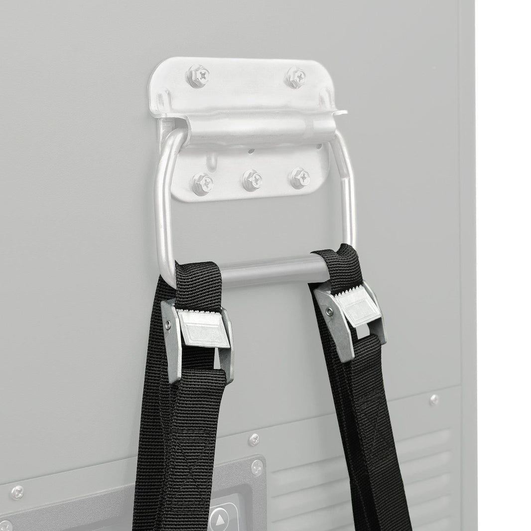 A metal handle, made from heavy-duty steel, is wall-mounted with four screws. Two black straps with silver buckles hang from the handle against a light gray surface, similar to those near portable fridges by ICECO Wholesale like the VL60/VL65.