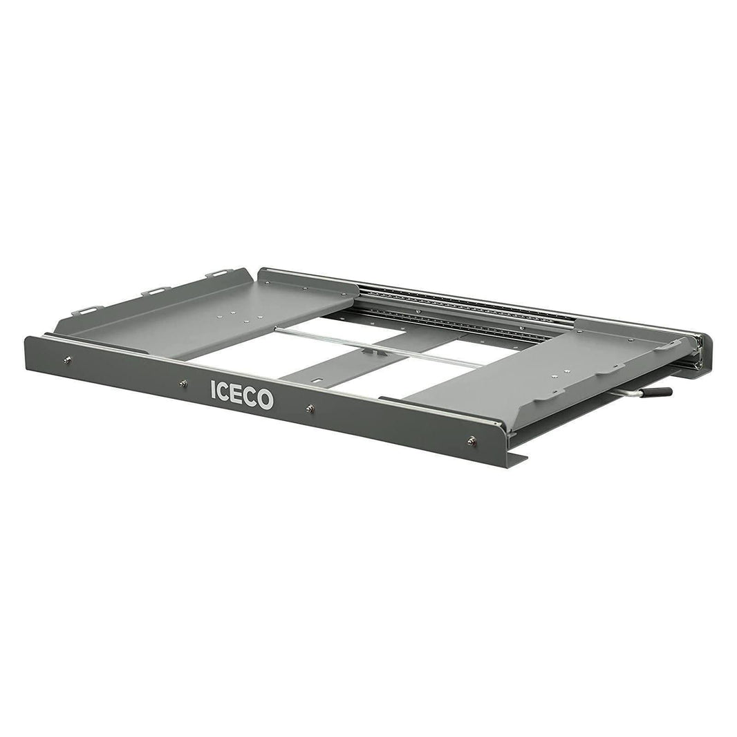 A gray heavy-duty steel sliding tray from ICECO Wholesale, featuring rails and mounting brackets for installation, is designed to hold equipment like portable fridges and fits models such as ICECO VL60/VL65.