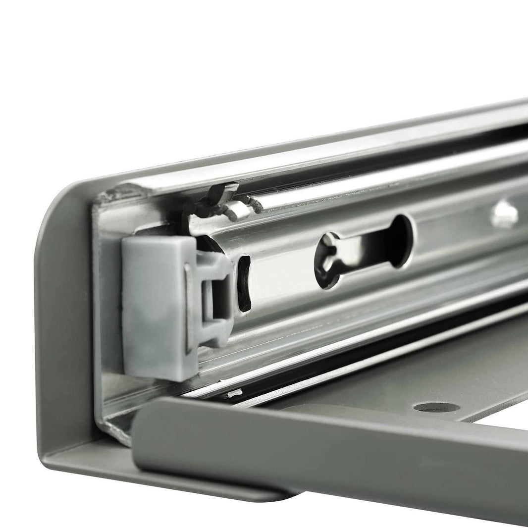 Close-up of a ICECO Wholesale metal drawer slide for portable fridges with heavy-duty steel rails and mounting bracket, featuring detailed construction with a keyhole slot and plastic component for smooth movement. Fits ICECO VL60/VL65 models.