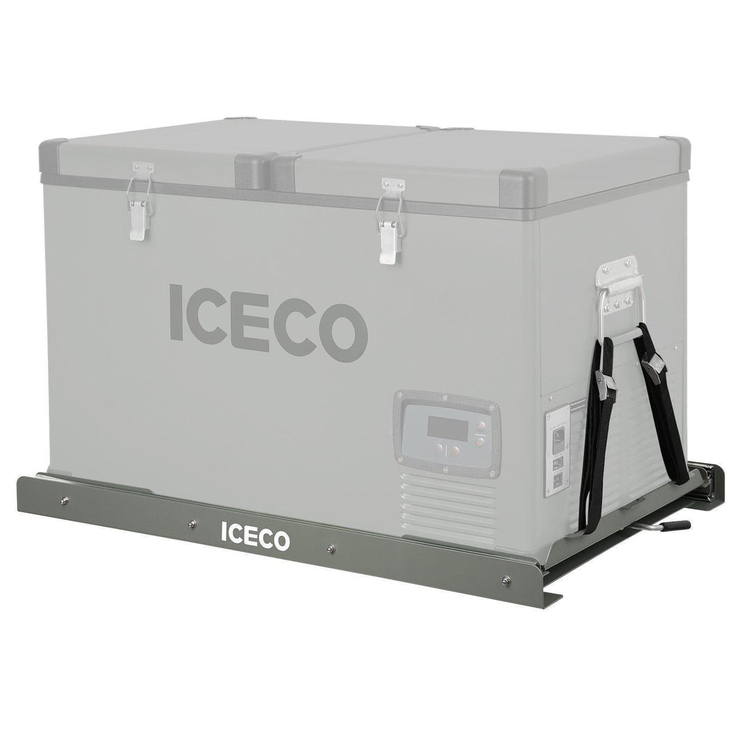 The large, rectangular gray ICECO Wholesale VL60/VL65 portable refrigerator features dual compartments, heavy-duty steel construction with sturdy latches and side handles, a digital control panel, and a base showcasing the ICECO logo.