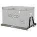 The large, rectangular gray ICECO Wholesale VL60/VL65 portable refrigerator features dual compartments, heavy-duty steel construction with sturdy latches and side handles, a digital control panel, and a base showcasing the ICECO logo.