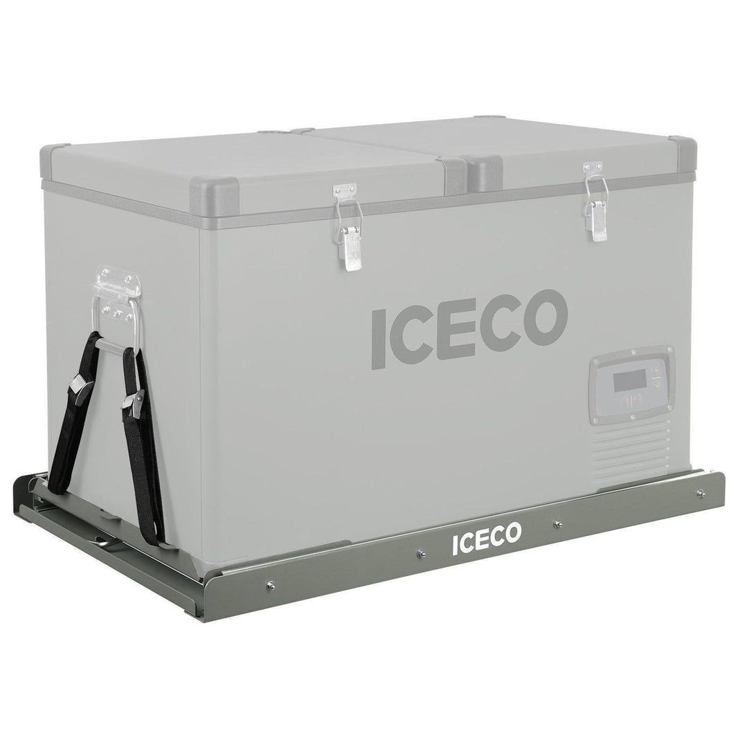 The ICECO Wholesale VL60/VL65 is a large, light gray portable fridge with heavy-duty steel latches, a digital side display, and is mounted on a sturdy base with strong securing straps for stability.