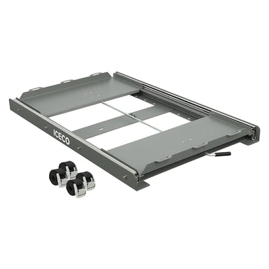 The ICECO Wholesale VL60/VL65 sliding tray, crafted from heavy-duty steel, showcases the brand's name, includes a handle and sliding rails, and has two metal brackets or clamps. It's perfect for mounting portable fridges or other gear.