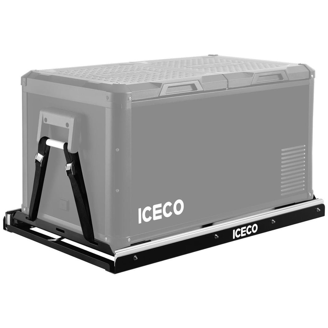 A gray ICECO Wholesale portable fridge freezer with a textured lid and side handles is showcased on a mounting slide tray, displaying the brand name elegantly on both the side and the slide mount tray.