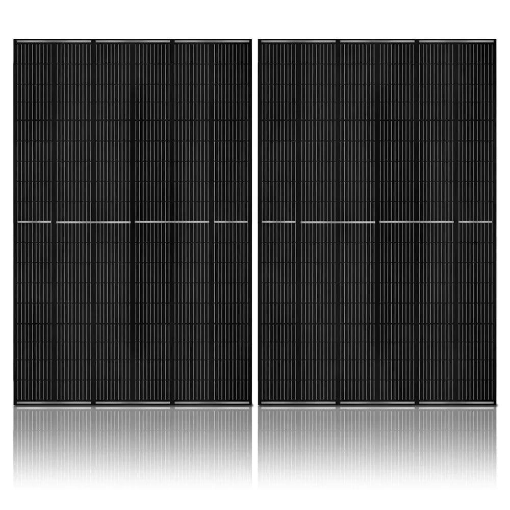 Two large, rectangular black Nature's Generator solar panels stand upright side by side on a white background. Each features a grid of smaller cells. Perfect for pairing with a solar generator or LiFePO4 battery, their reflections appear below.