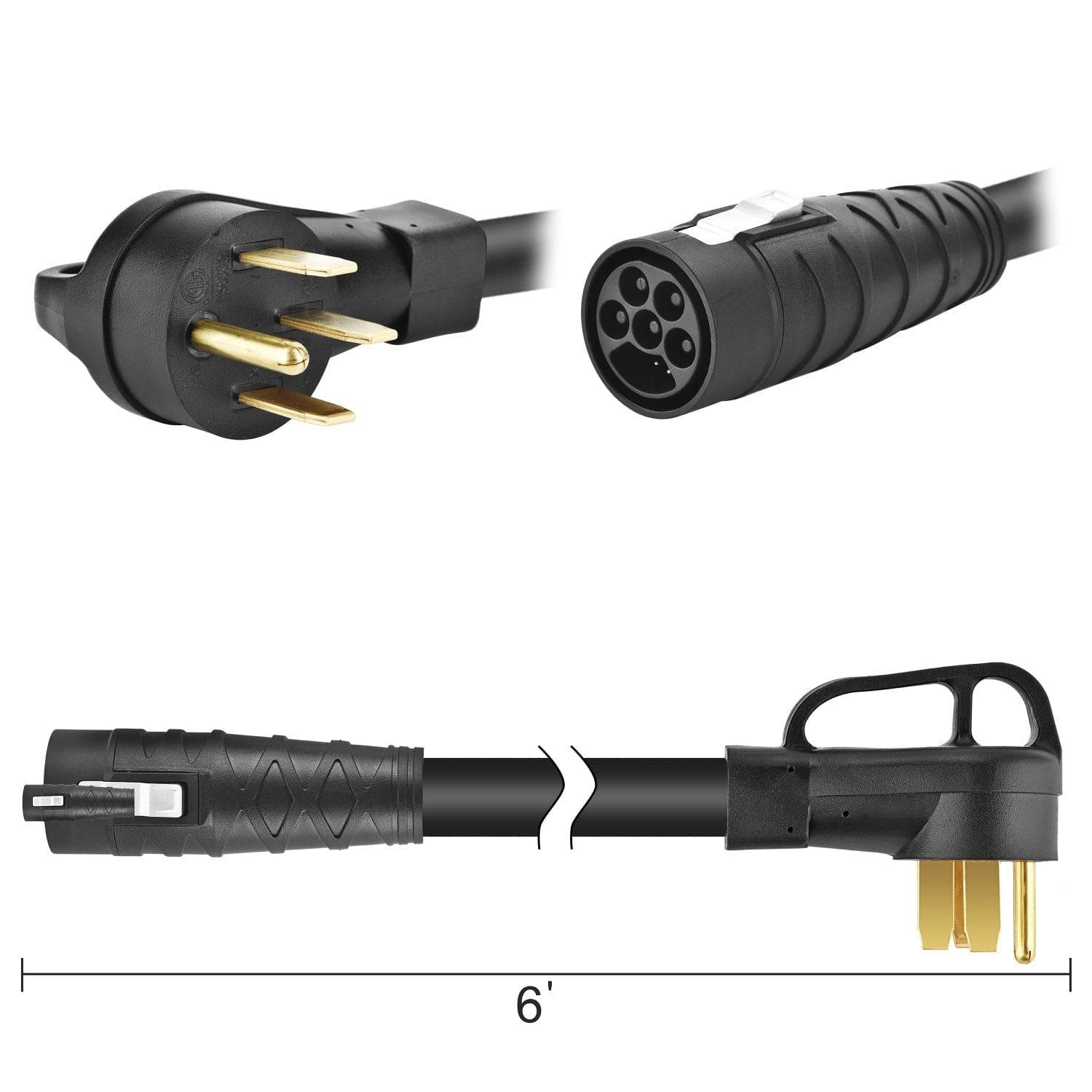 A black Nature's Generator Supercharge Cable, 6 feet long, with a three-prong plug and a round multi-pin connector—compatible with Lithium 3600. Displayed from various angles.