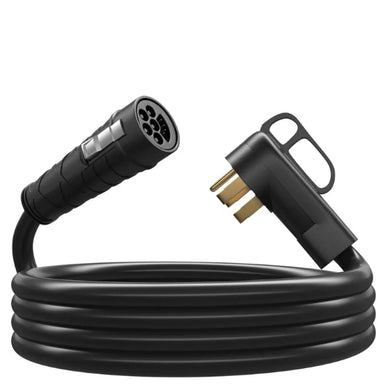 Nature's Generator coiled black fast charging cable for EVs features a Type 1 connector and a three-pronged plug, both facing upward—ideal for quick power-ups with Supercharge Cable efficiency.