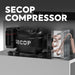 Image showcasing an ICECO Wholesale SECOP compressor unit, perfect for RVs. The visible components include a labeled black cylindrical compressor, a black control box, and copper tubing. "SECOP COMPRESSOR" is prominently displayed at the top against a gray background.