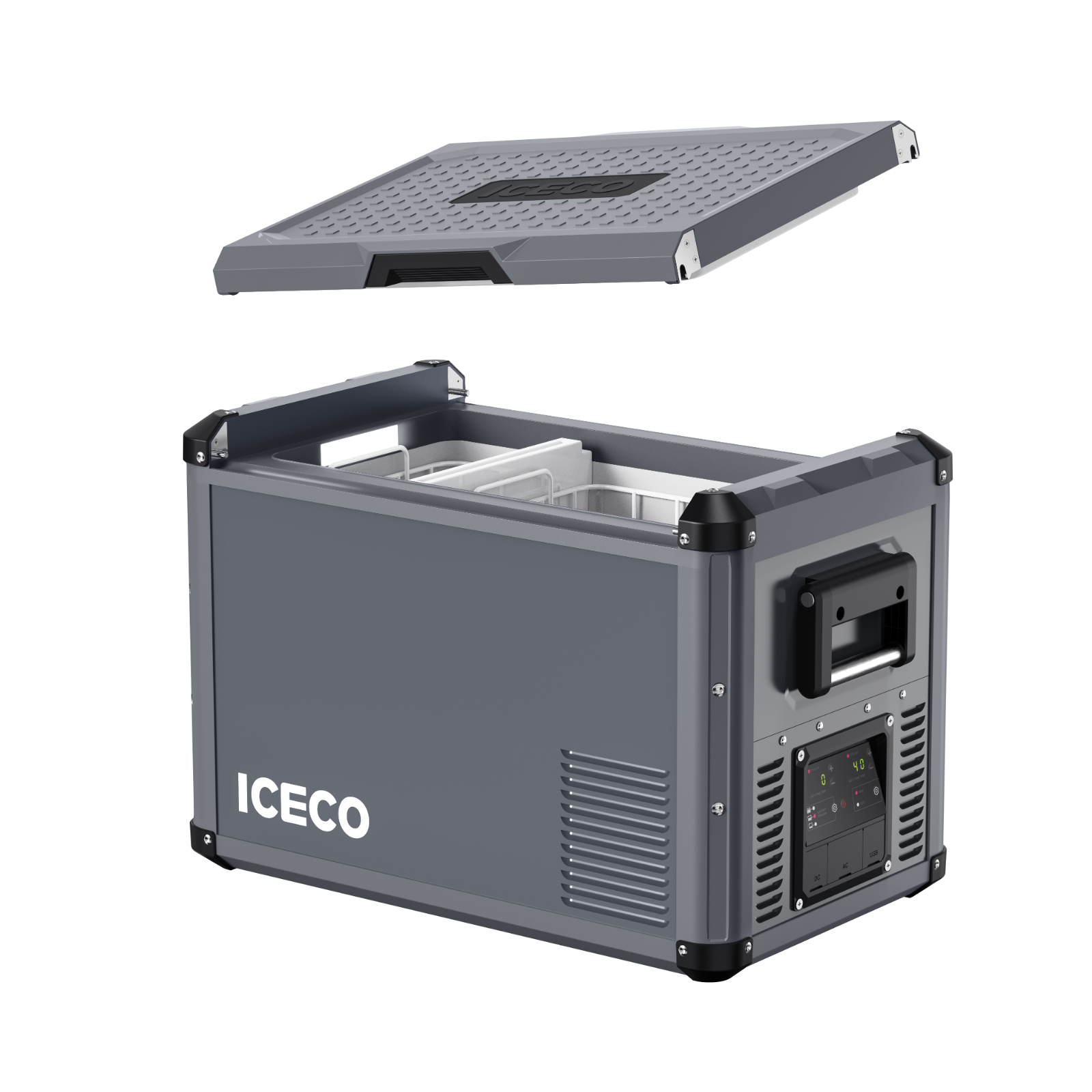 A portable gray ICECO Wholesale refrigerator with an open hinged lid reveals interior compartments. It features a SECOP compressor, a handle, front control panel, and side vents for efficient cooling.