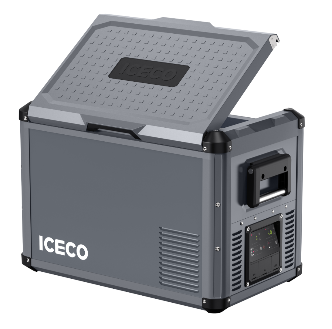 A gray ICECO Wholesale portable freezer with side handles and a right-side control panel features a powerful SECOP compressor for reliable cooling.