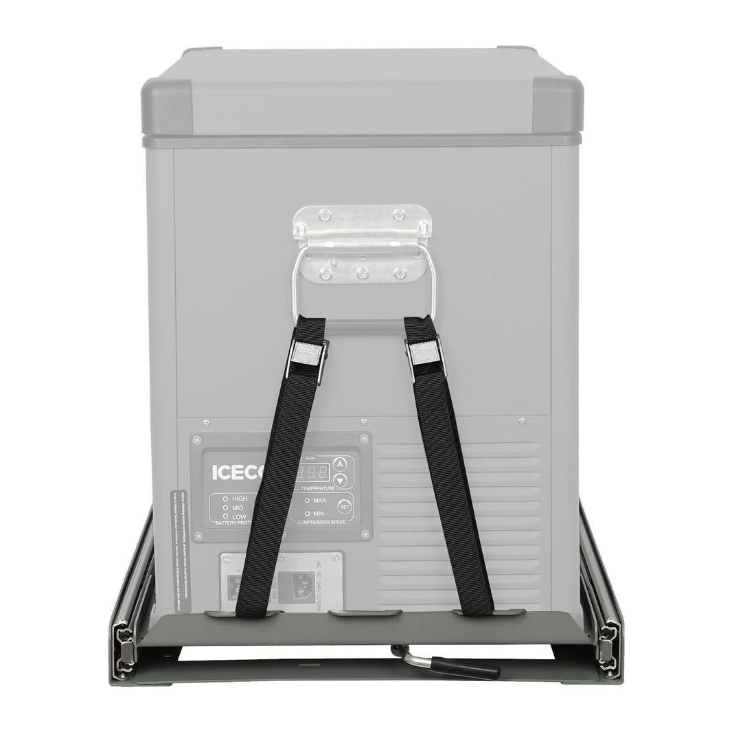 The image shows an ICECO Wholesale portable electric cooler with a rectangular design, secured on a sliding metal base with two straps and metal buckles. It resembles a portable fridge and features a control panel with buttons and a digital screen, supported by heavy-duty steel rails for stability.