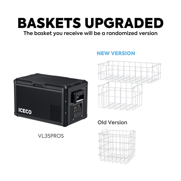 On the left is an image of the ICECO Wholesale VL35PROS cooler, featuring a sturdy design. On the right are illustrations labeled "New Version" and "Old Version," showcasing two different basket designs. The text above states "BASKETS UPGRADED," highlighting both the adaptable lid and that the basket version will be distributed randomly.