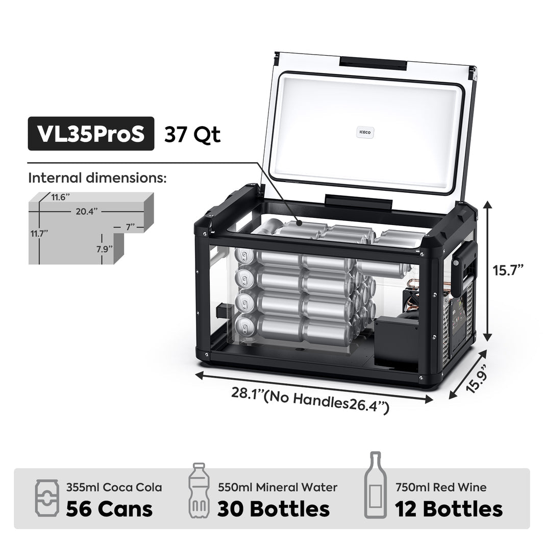 Image of an ICECO Wholesale VL35ProS portable cooler highlighting its durable construction and 37-quart capacity. With internal dimensions of 20.4" x 11.7" x 9.7", it can accommodate up to 56 cans, 30 water bottles, or 12 wine bottles. The cooler features a transparent lid, compact design, and an efficient Secop compressor.