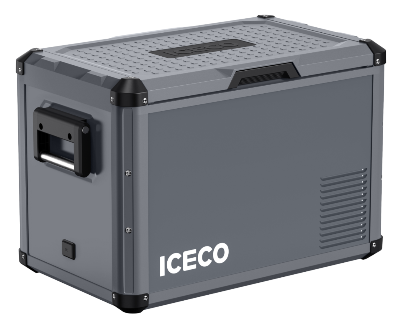 A rectangular, gray portable refrigerator with a SECOP compressor, black corner protectors, side handle, ventilation slats, and the "ICECO Wholesale" brand name printed in white on the front.