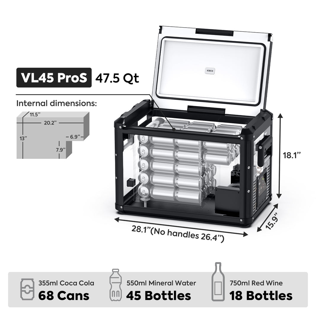 The ICECO Wholesale VL45 ProS portable fridge, equipped with a Secop compressor and flexible lid, offers a view of its roomy interior through a transparent section. It can hold up to 68 cans, 45 bottles of 500ml mineral water, or 18 bottles of 750ml red wine. Its dimensions are 28.1" x 15.9" x 18.1", including internal measurements.