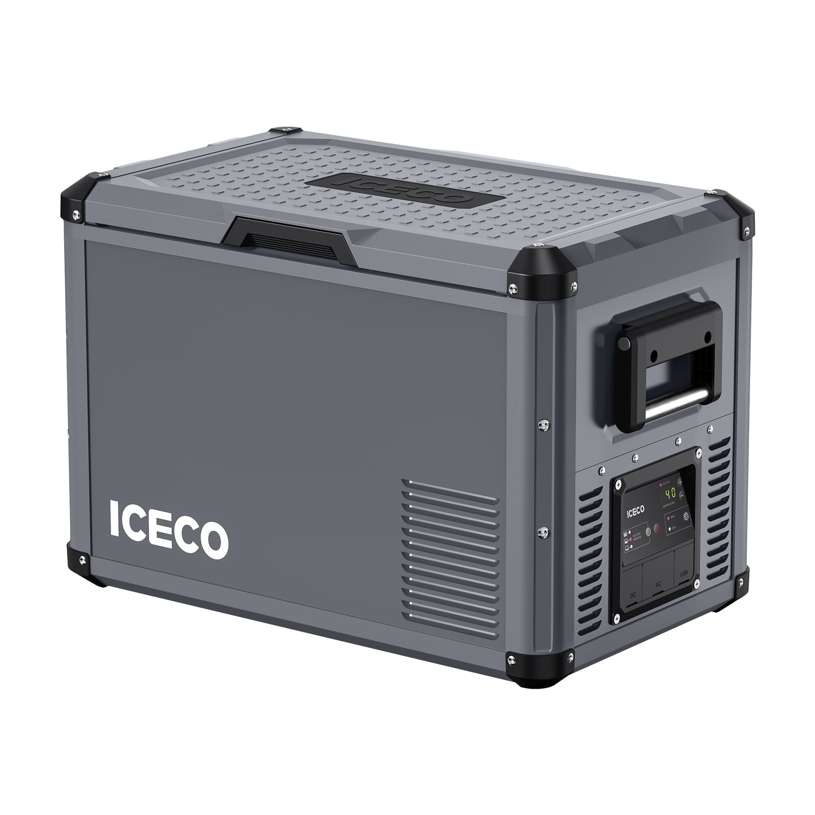 A gray portable refrigerator from ICECO Wholesale includes a digital control panel, a flexible side-opening lid, and a handle on the side. It features a textured pattern on the top surface, while its rugged construction and reinforced edges provide lasting durability.