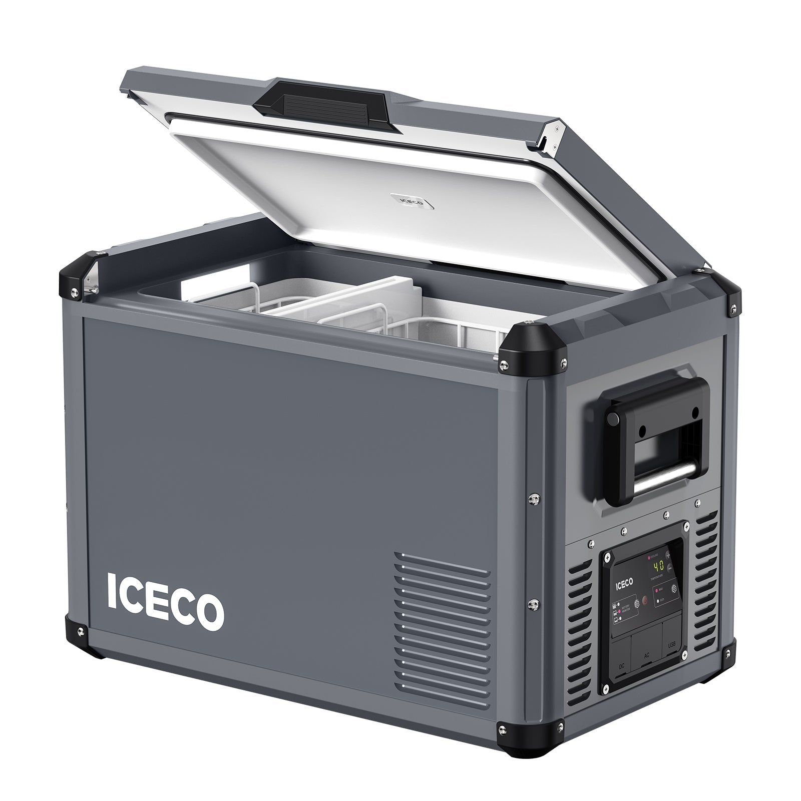 An ICECO Wholesale portable refrigerator in gray comes with a versatile side-opening lid and easy access. It includes a digital control panel, Secop compressor, and ventilation slits. Inside, it is equipped with removable storage compartments and is designed for convenient transport. Its robust construction makes it perfect for outdoor use.