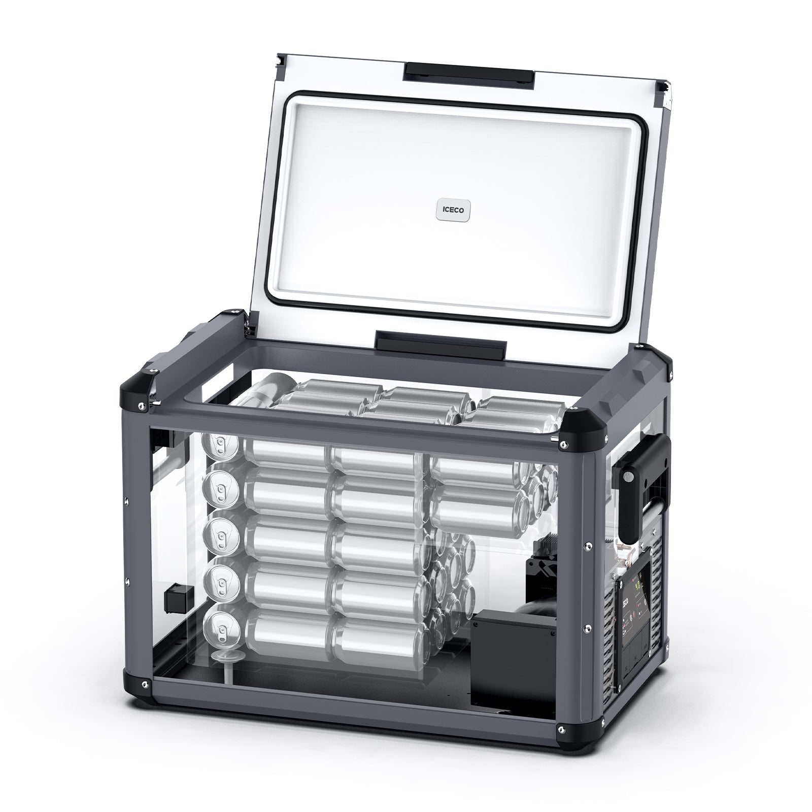 A transparent battery pack from ICECO Wholesale, characterized by its rugged construction and an open lid that showcases cylindrical cells meticulously arranged in rows, featuring a black and gray outer frame with an electronic component located on the side.