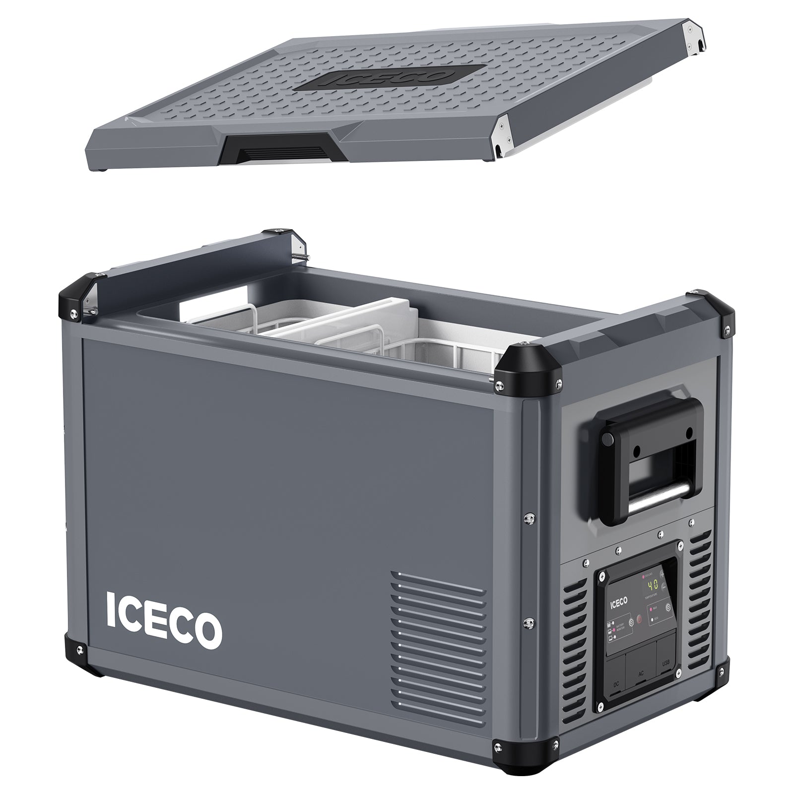 An ICECO Wholesale portable fridge-freezer in gray features a flexible side-opening lid. This unit, equipped with a Secop compressor, includes a display panel and control buttons located on the side, highlighting its rugged construction and sturdy rectangular design.