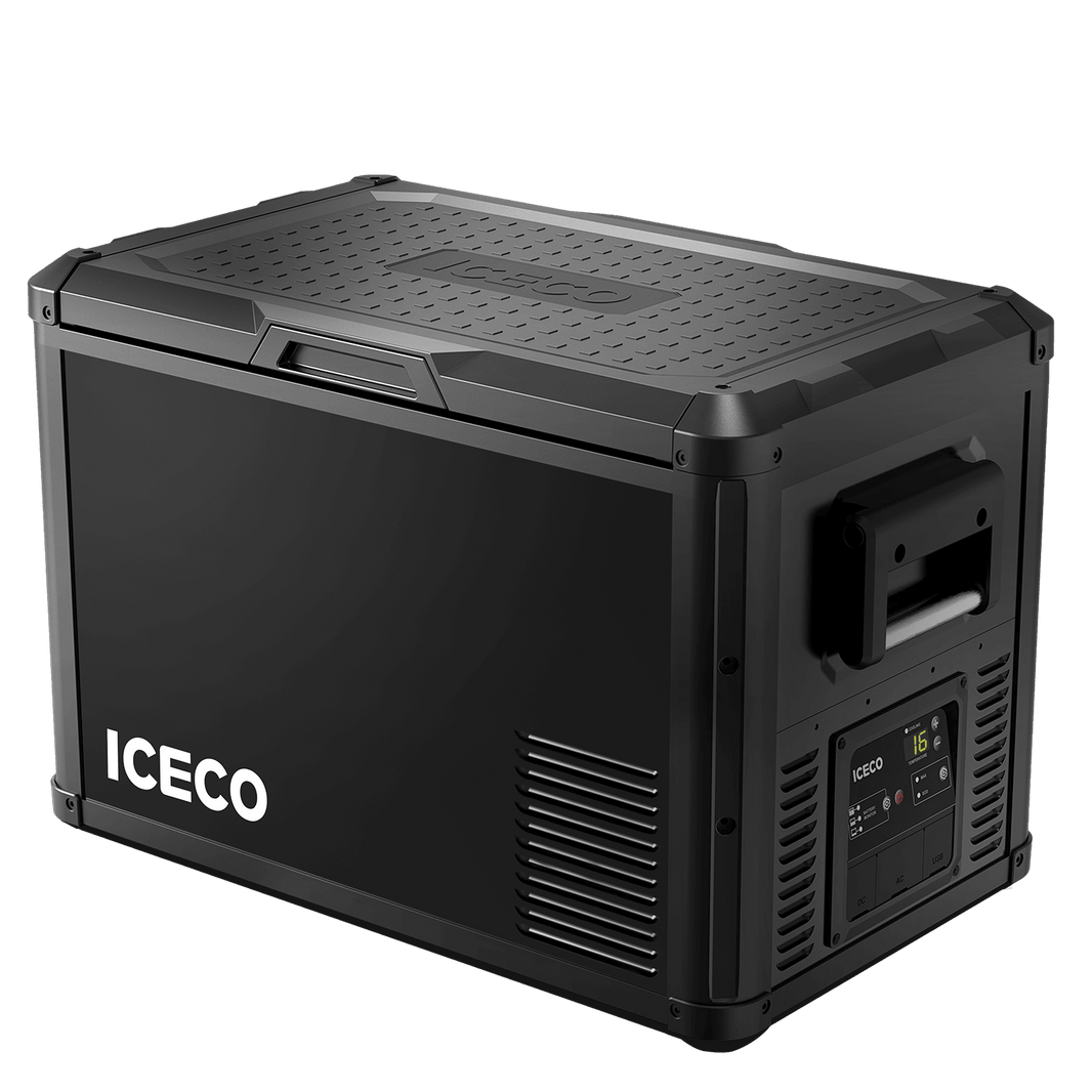 An ICECO Wholesale portable refrigerator in black boasts a rugged design with a flexible side-opening lid and a sturdy handle. The control panel displays the number "16" beside the ICECO Wholesale logo, while textured patterns embellish the top, highlighting the embossed ICECO Wholesale name for enhanced style and durability.