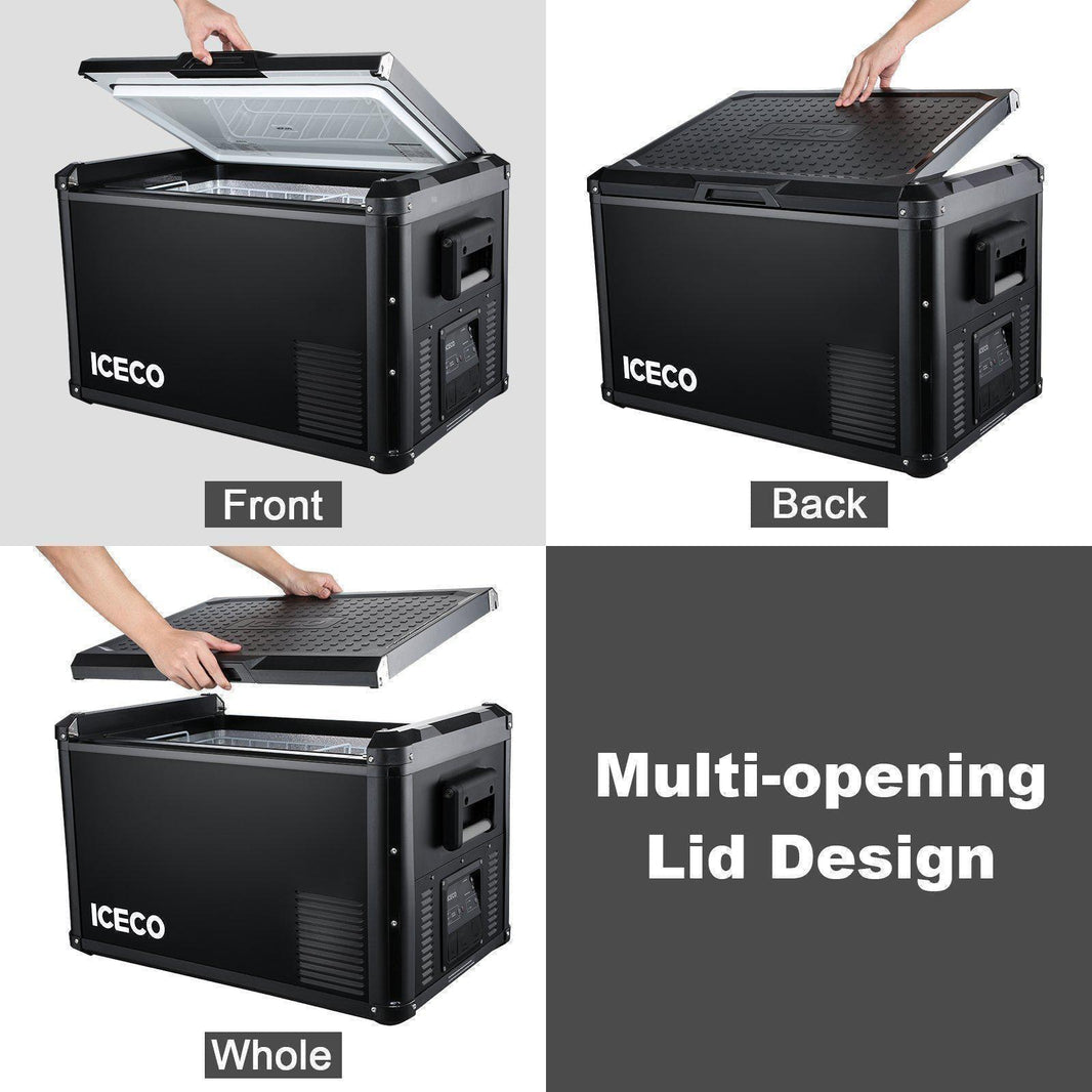 The image showcases an ICECO Wholesale cooler with a sturdy build and a versatile side-opening lid design. The top left of the image shows the front view with the lid partially open, while the top right depicts the back view with it closed. The bottom left illustrates how to remove the entire lid.