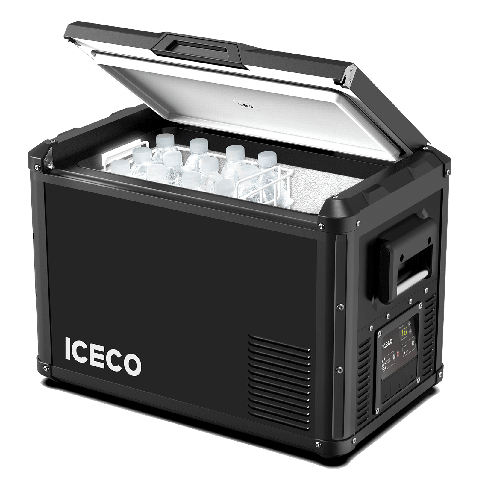 A black portable fridge from ICECO Wholesale, featuring a flexible side-opening lid, displays several bottled drinks inside. The control panel on the side presents digital settings, while its sleek finish, rugged construction, and sturdy handles enhance durability. Equipped with a high-performance Secop compressor.