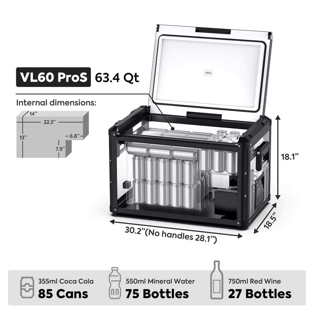 The image displays an ICECO Wholesale VL60 ProS portable fridge freezer with its lid open, showcasing its internal dimensions and capacity. Featuring a Secop Compressor, it holds 63.4 Qt and can accommodate 85 cans, 75 bottles of mineral water, or 27 bottles of red wine. Dimensions and a graphic representation are also shown.