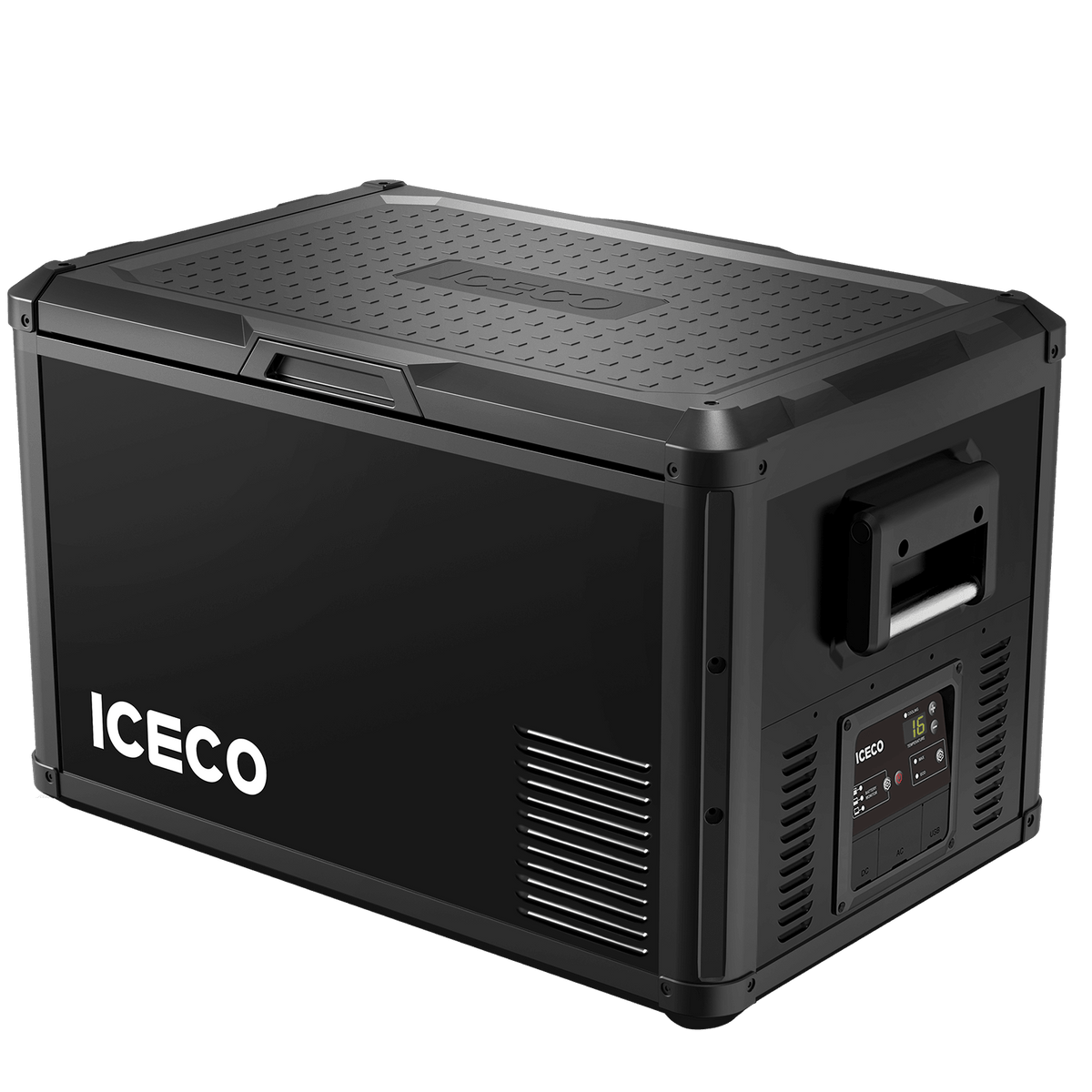 A sleek black ICECO Wholesale portable fridge freezer with a Secop Compressor offers a sturdy design. It features a textured lid, side control panel, and an easy-to-carry handle. The 12-volt fridge proudly displays its brand logo on the front, making it perfect for adventures on the go.