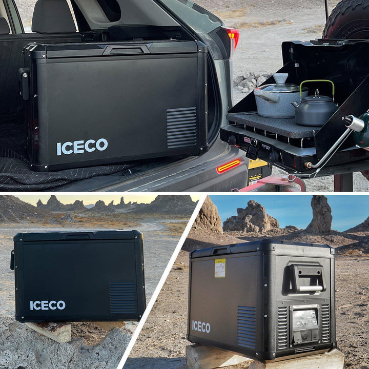 A collage of three images highlights an ICECO Wholesale cooler featuring a Secop compressor. In the top image, the portable fridge freezer is positioned inside an SUV next to a portable stove. In the bottom left image, it rests on rocky terrain. In the bottom right image, there’s a side view of the 12-volt fridge on the ground with rocky hills in the background.