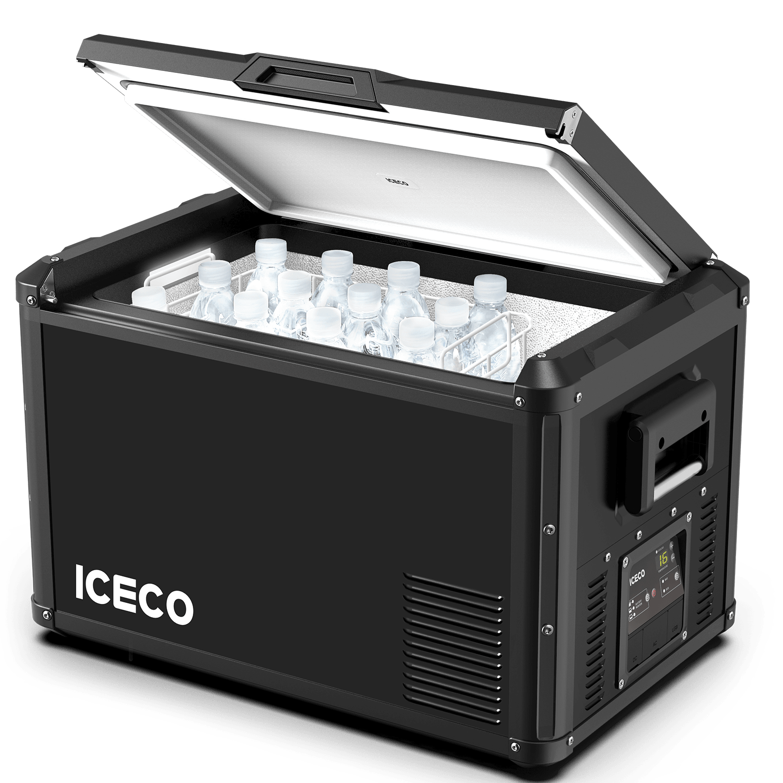 A black ICECO Wholesale cooler with an open lid displays several water bottles inside. This portable fridge freezer includes a digital control panel on the right side and a handle on the left, powered by a 12-volt system to ensure your drinks stay perfectly chilled at all times.