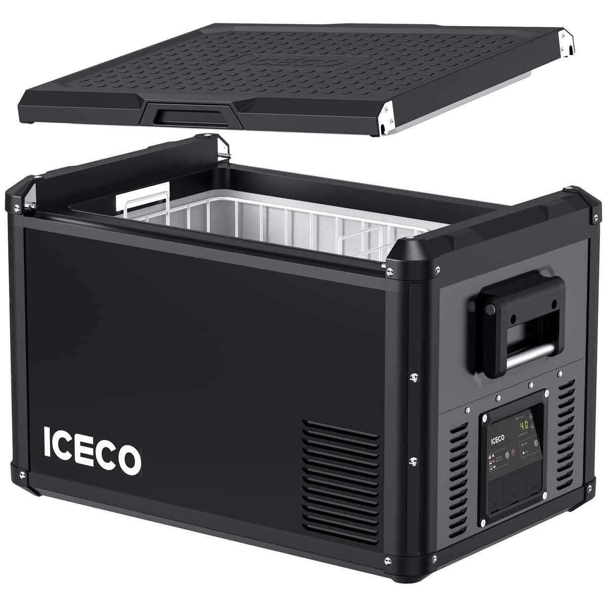 An ICECO Wholesale portable fridge freezer in black, shown with an open lid revealing an empty interior, includes a digital control panel and robust side handles. It features a 12-volt system and a dependable Secop compressor, making it ideal for keeping your food fresh while on the move.