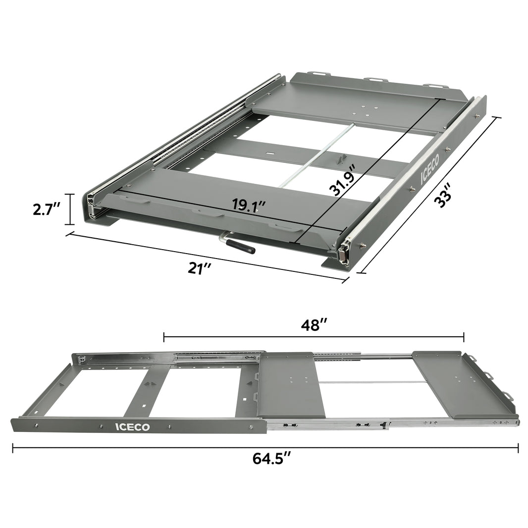 Image of the ICECO Wholesale slide-out fridge tray, ideal for portable models like the ICECO VL60/VL65. Made from heavy-duty steel; top dimensions: 33"L x 19.1"W; bottom: 64.5"L x 21"W; height: 2.7". Displayed in both extended and collapsed states.