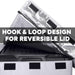 A container made from sturdy Oxford nylon fabric has a reversible lid, partially open to highlight its hook and loop closure for secure fastening. Text overlay states: "HOOK & LOOP DESIGN FOR REVERSIBLE LID." It perfectly complements the ICECO Wholesale VL75ProD, enhancing portable freezer insulation.