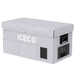 The gray ICECO Wholesale VL75ProD portable refrigerator, made from durable oxford nylon fabric, boasts a rectangular shape and a dual lid design. The brand name is prominently displayed on the front, while a control panel on the side adds to its functionality, making it both compact and highly robust.