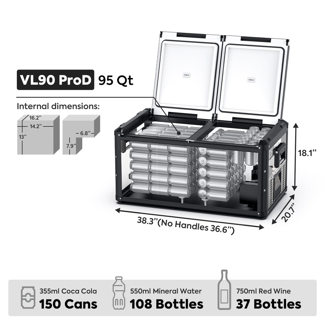 The ICECO Wholesale VL90 ProD 95 Qt portable cooler, equipped with a Secop compressor, stands 20.1 inches tall, measures 18.1 inches in width, and is 38.3 inches long (36.6 without handles). It can accommodate up to 150 cans, 108 water bottles, or 37 wine bottles and conveniently includes a USB charging feature.