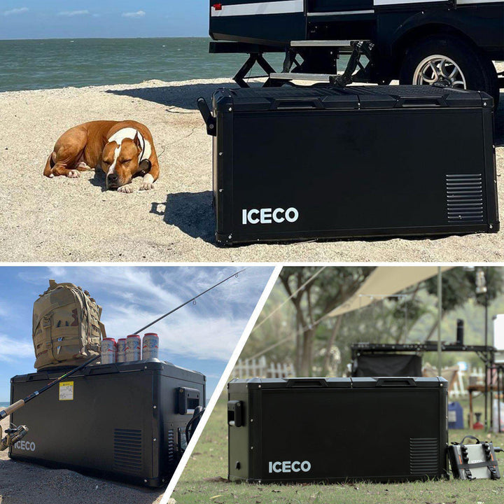 Collage of three images featuring an ICECO Wholesale portable refrigerator. The top image shows a brown and white dog lying on sand near the fridge with its sturdy door slightly ajar. The bottom left displays the refrigerator alongside a backpack, fishing rod, and drinks, while the bottom right captures it in a grassy area.