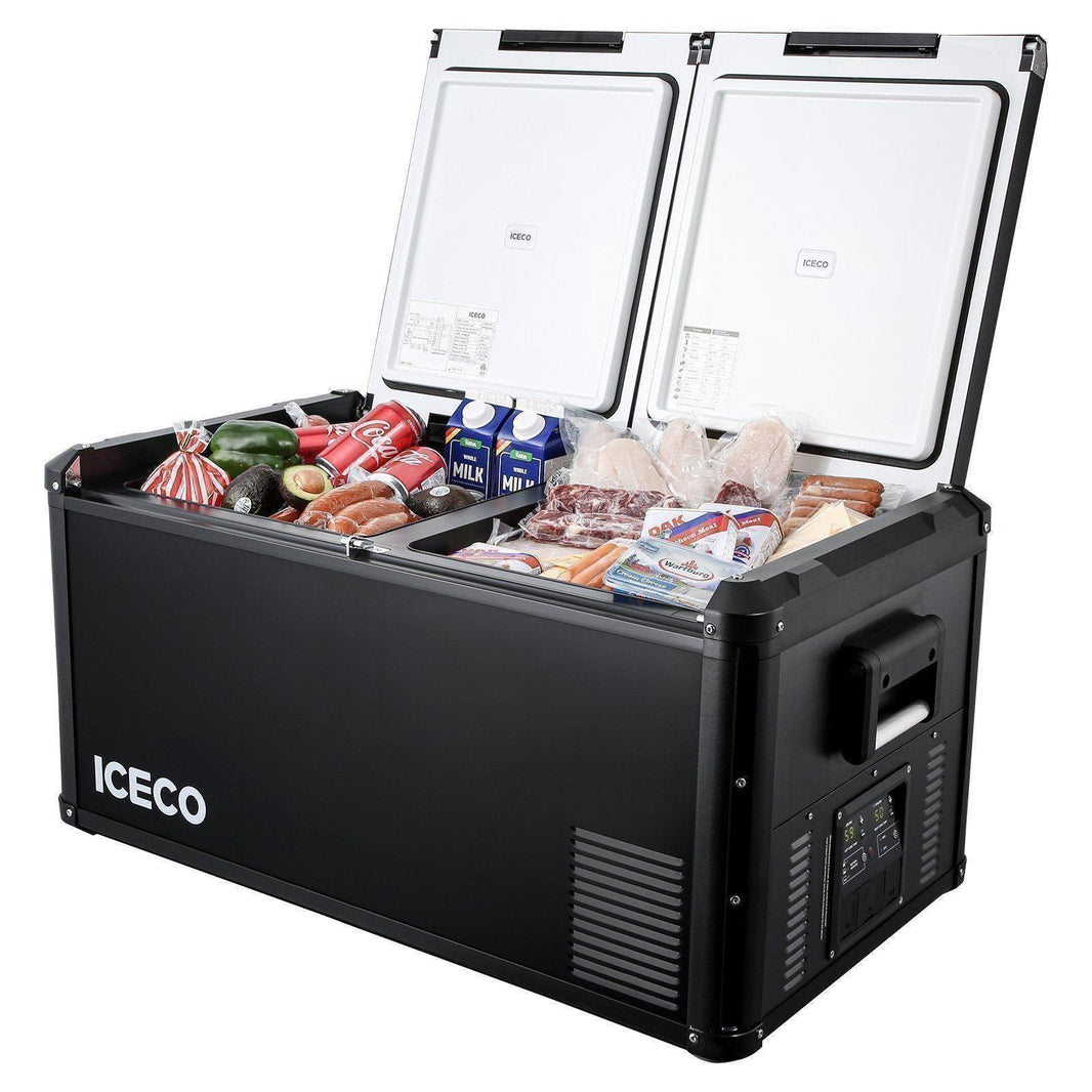 A large black cooler from ICECO Wholesale with open lids shows an assortment of stored food items such as beverage cartons, packaged meat, vegetables, and bread. Featuring a Secop compressor and control panels on its side, this cooler guarantees efficient cooling for all your essentials.