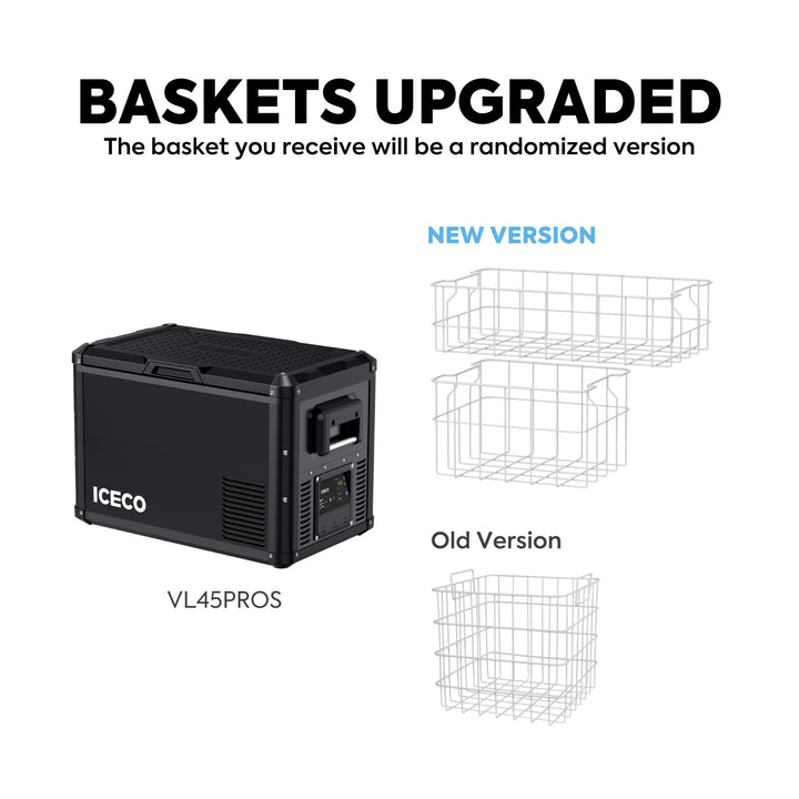 The image displays an ICECO Wholesale VL45PROS cooler on the left. On the right, two wire basket designs labeled "New Version" and "Old Version" illustrate upgraded options. With a flexible side-opening lid, the basket you receive will be randomized for convenience and versatility.