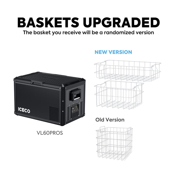 The image features a black ICECO Wholesale VL60PROS cooler, emphasizing its Secop compressor for enhanced performance. The upgraded baskets are highlighted, showcasing two wireframe models: "New Version" and "Old Version," with the basket in the portable 12-volt fridge being a randomly selected version.