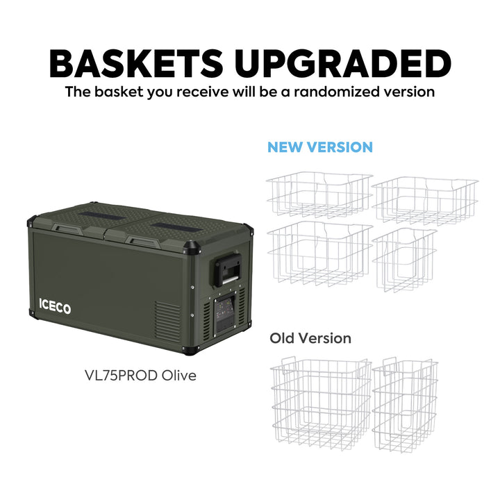 Graphic featuring two versions of freezer baskets with durable construction. On the left side, there is an olive-colored ICECO Wholesale 12v refrigerator labeled “VL75PROD Olive.” On the right, you can see four new basket designs labeled "New Version" at the top, while two older designs below are marked "Old Version.