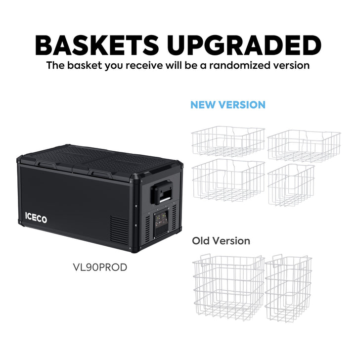 The image displays a comparison of the ICECO Wholesale VL90PROD baskets accompanied by the caption "Baskets Upgraded." The latest version features four identical baskets, in contrast to the previous model, which includes two larger and one smaller basket. With USB charging capability, customers will receive a version of the basket that is selected at random.