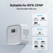 A white Bluetti power station is displayed with labeled output ports. The text indicates compatibility with CPAP machines at 12V 5A, 16V 4A, and 24V 4A, listing supported models for each voltage.