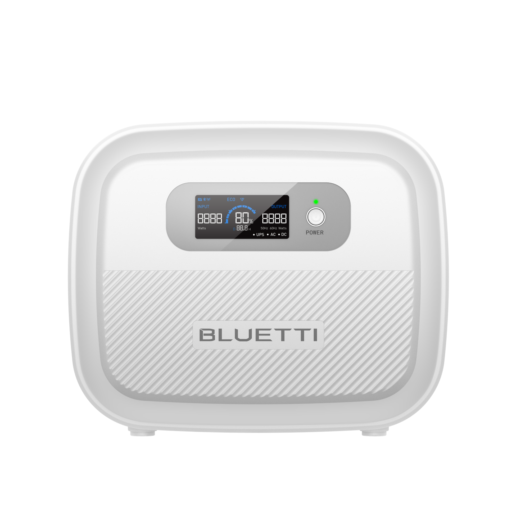 A Bluetti portable power station in white, featuring a digital display with numerical readouts, several indicator lights, a green power button, and the “Bluetti” brand name positioned below the screen. The device boasts a sleek, compact modern design.