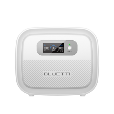 A Bluetti portable power station in white, featuring a digital display with numerical readouts, several indicator lights, a green power button, and the “Bluetti” brand name positioned below the screen. The device boasts a sleek, compact modern design.