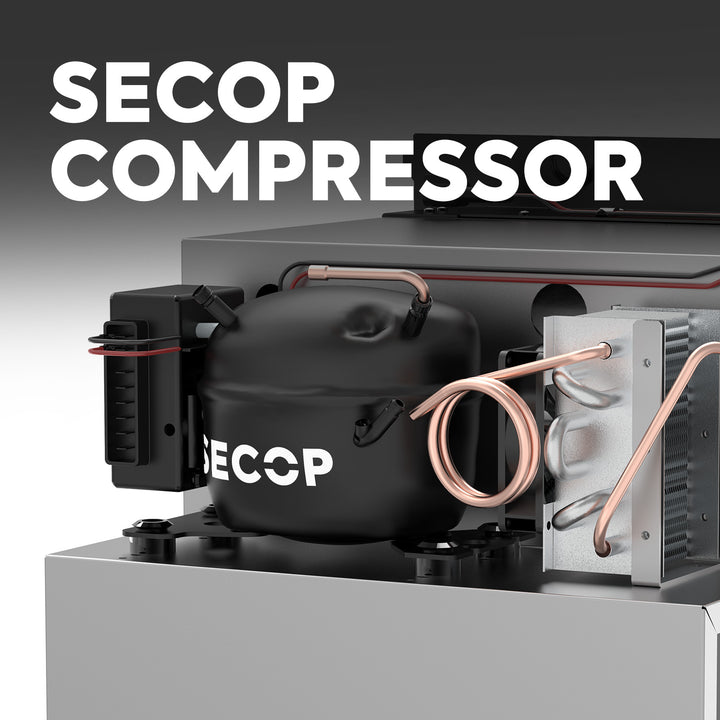 Close-up of an ICECO Wholesale DC compressor with visible copper tubing and black casing mounted on metal, perfect for a truck freezer. The background features a gradient from gray to black, with "ICECO Wholesale Compressor" text in the upper left corner.