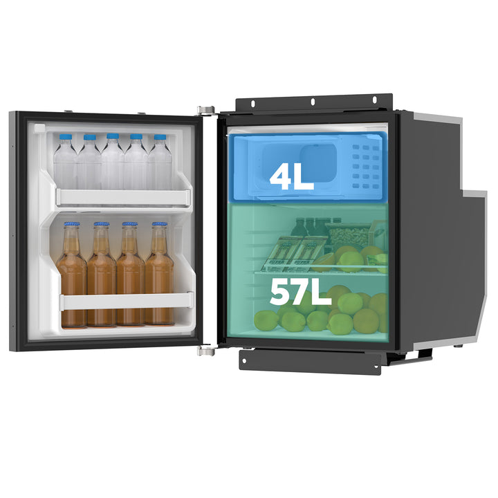 The ICECO Wholesale compact refrigerator, perfect for RV setups, showcases an open interior. The door holds four water bottles. Inside, there are five brown bottles on a shelf, a blue-capped container in the 4L area, and fruits neatly stored in the 57L compartment.