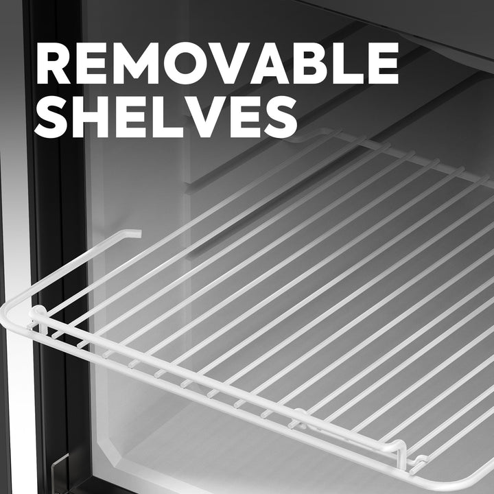 The image shows a wire shelf being pulled from a refrigerator, emphasizing SECOP compressor efficiency. The words "Removable Shelves" are prominently displayed in the top left corner. Brand: ICECO Wholesale.