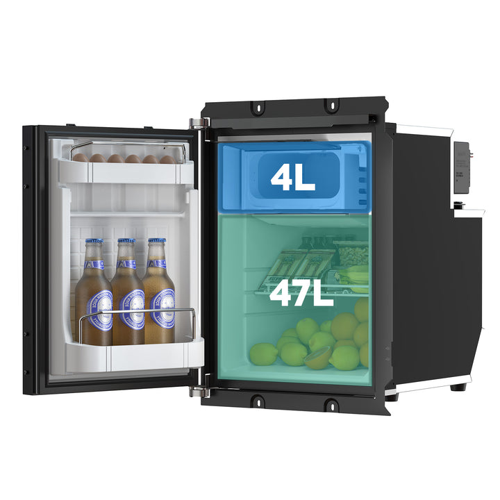 An open ICECO Wholesale mini fridge boasts a 4-liter truck freezer and a 47-liter refrigerator. It holds three bottles and eggs on the door shelf, with lemons on the lower shelf. This compact, efficient 2-in-1 fridge/freezer is powered by a SECOP DC compressor.