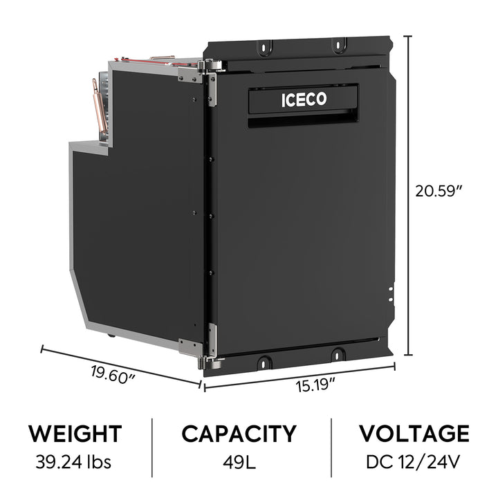 The rectangular black ICECO Wholesale refrigerator, perfect for trucks, measures 19.60" deep, 15.19" wide, and 20.59" high. It weighs 39.24 lbs with a 49L capacity and features a SECOP compressor, efficiently running on 12/24V DC voltage.